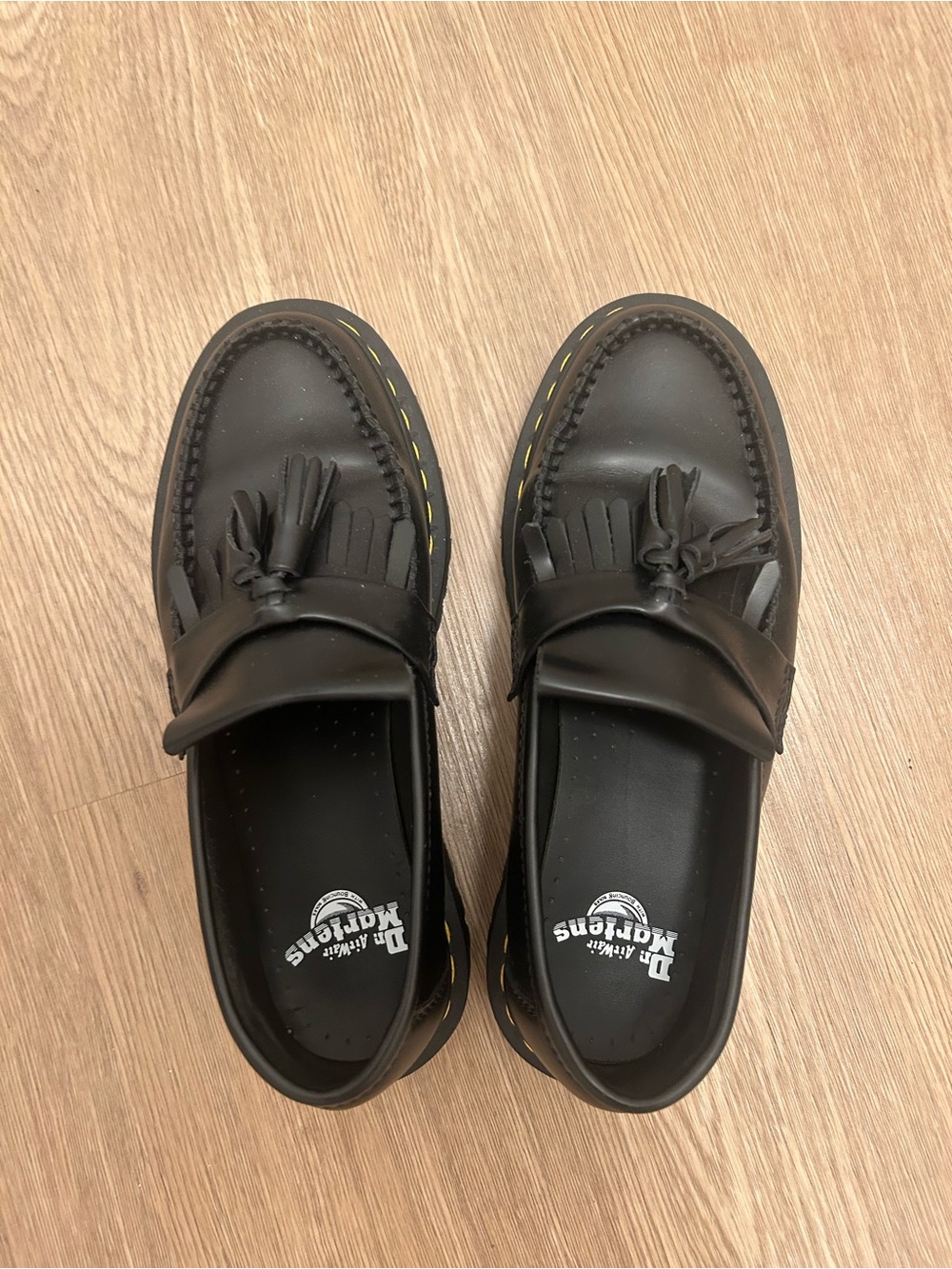 Dr. Martens Black Tassel Kiltie Loafers with Yellow Stitching